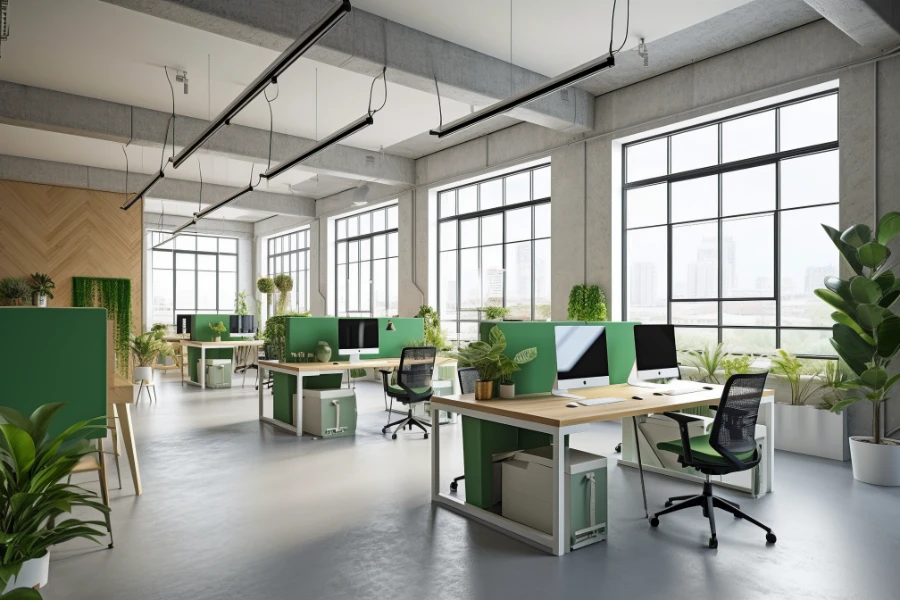 A green open plan office with desks adorned by eco-friendly design elements and the refreshing presence of green plants.