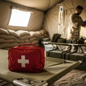 First aid kit inside a temporary medical tent