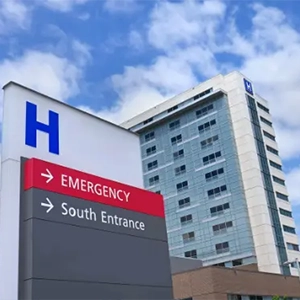Hospital with emergency and south entrance signs visible
